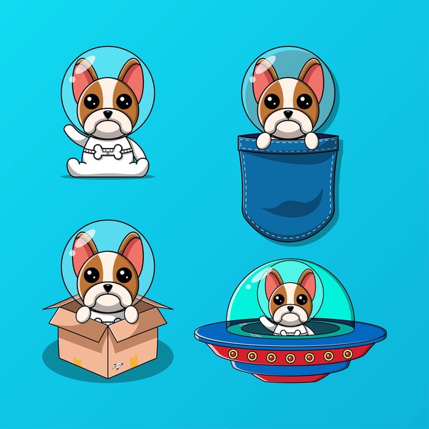 かわいい宇宙飛行士犬セットベクトルイラスト