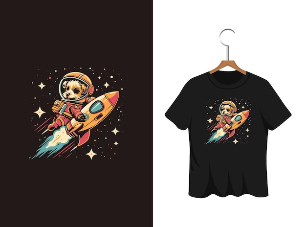 宇宙で可愛い宇宙飛行士の犬のTシャツデザイン