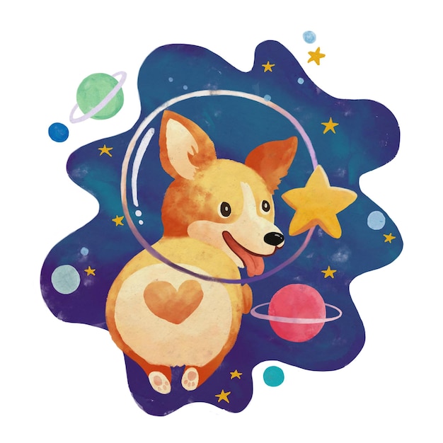 Cute astronaut dog watercolor illustration