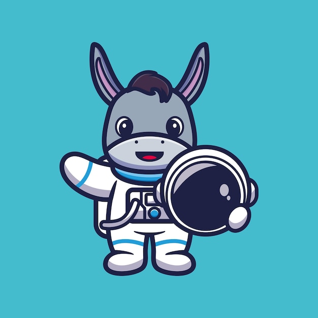 Cute astronaut donkey holding helmet cartoon vector illustration