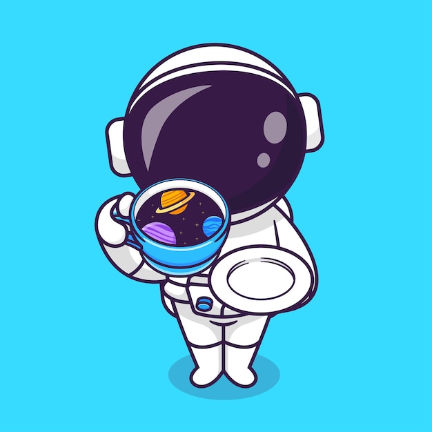 Illustrazione dell'icona di vettore del fumetto della tazza dello spazio del caffè della bevanda dell'astronauta sveglia. concetto dell'icona della bevanda della scienza isolato vettore premium. stile cartone animato piatto