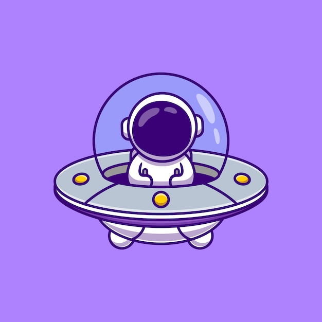 Carino astronauta guida astronave ufo cartoon illustrazione vettoriale.