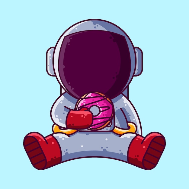 Симпатичный астронавт ест пончик. вектор стиля мультфильма.