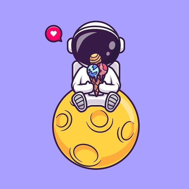 月の漫画のベクトル アイコン イラストにアイスクリームの惑星を食べるかわいい宇宙飛行士。サイエンス フード アイコン