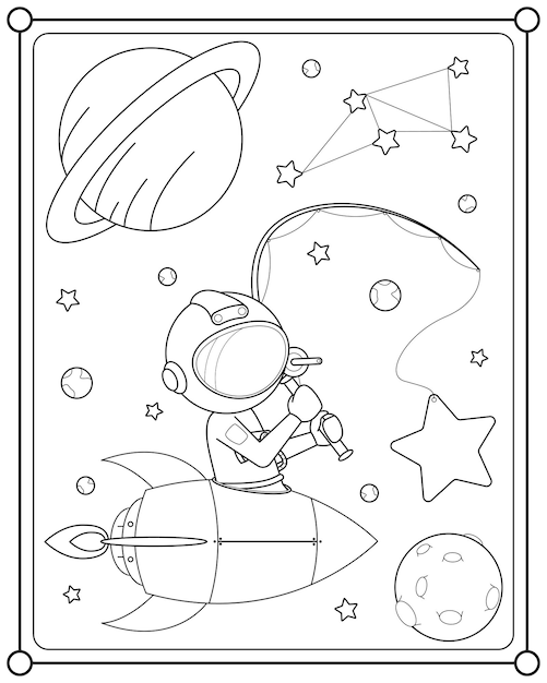벡터 어린이 색칠 공부 페이지 벡터 일러스트레이션에 적합한 공간에서 별을 낚는 귀여운 우주 비행사