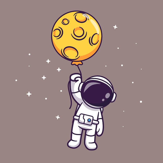 공간 만화 벡터 아이콘 그림에서 달 풍선과 함께 떠있는 귀여운 우주 비행사. 사이언스 테크노