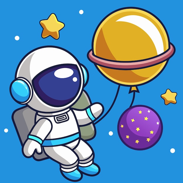 スペースで惑星の風船と浮かぶ可愛い宇宙飛行士 カートゥーンベクトルアイコン イラスト 技術 科学アイコンコンセプト 孤立したプレミアムベクトルフラットカートゥーンスタイル