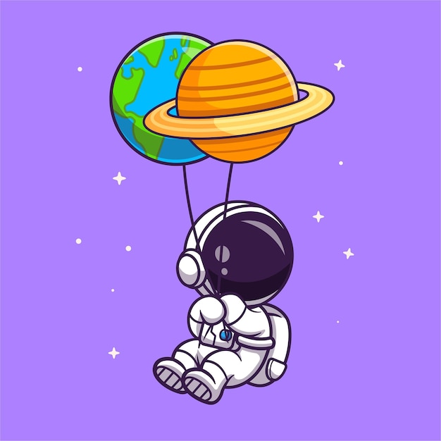 Vector cute astronaut floating with planet and world globe earth balloon cartoon vector icon illustration