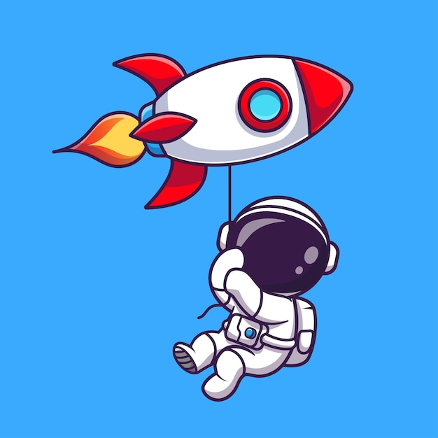 Vector cute astronaut floating with rocket balloon cartoon vector icon illustration. people science icon concept isolated premium vector. flat cartoon style