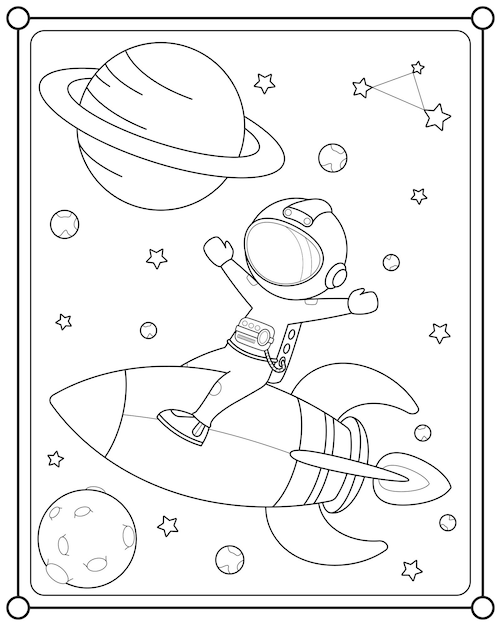 Vettore simpatico astronauta che vola su un razzo nello spazio adatto per la pagina da colorare dei bambini illustrati di vettore