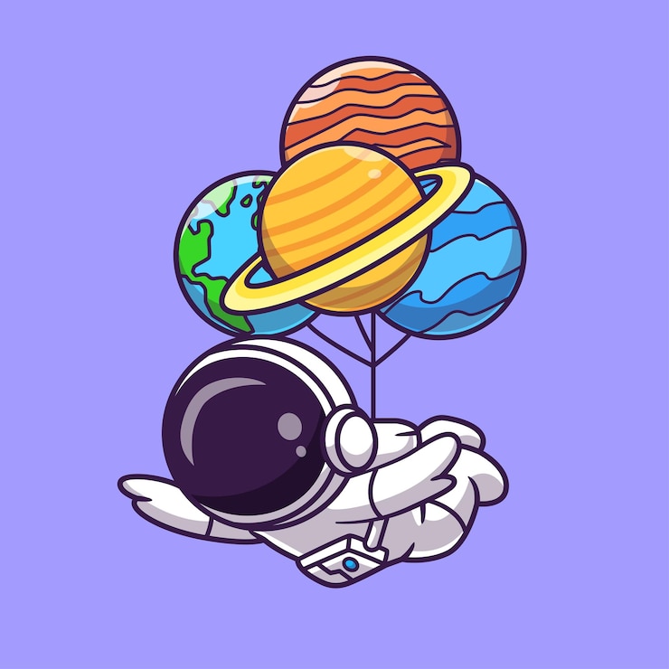 Vector cute astronaut flying with planet balloon cartoon vector icon illustration science technology flat