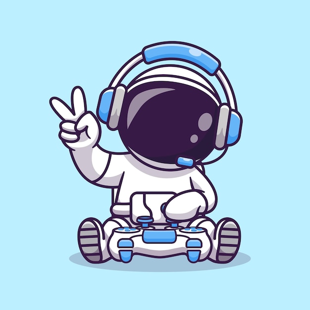 Милый астронавт-геймер держит джойстик с векторной иконкой для наушников Иллюстрация науки техно