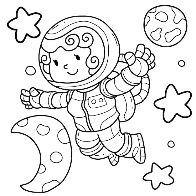 Vector cute astronaut girl on space hand drawn coloring book cartoon isolated on white