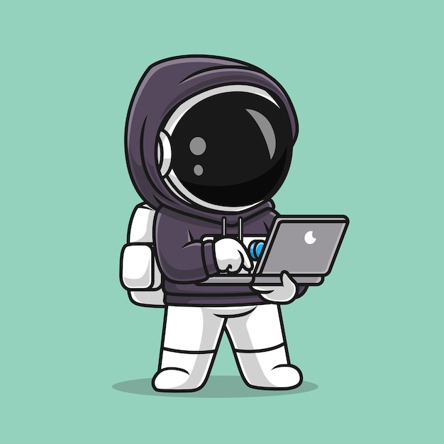 귀여운 우주 비행사 해커 운영 노트북 만화 벡터 아이콘 그림 과학 기술 절연