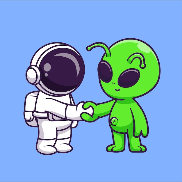 Vector cute astronaut handshake with alien cartoon vector icon illustration science technology isolated