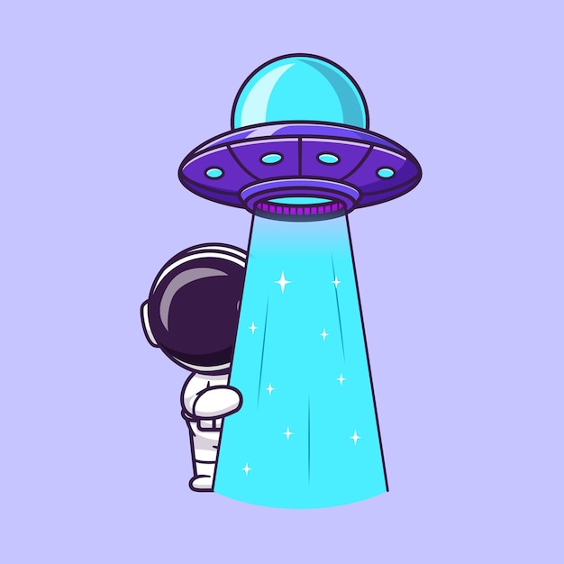 Вектор Симпатичный астронавт, прячущийся за векторной иконкой мультфильма нло. изолированная икона научной технологии
