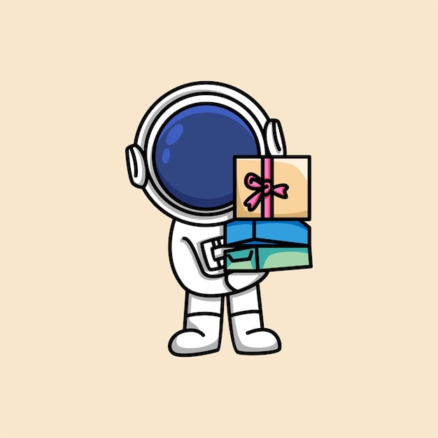 Cute astronaut hold gift box cartoon illustration