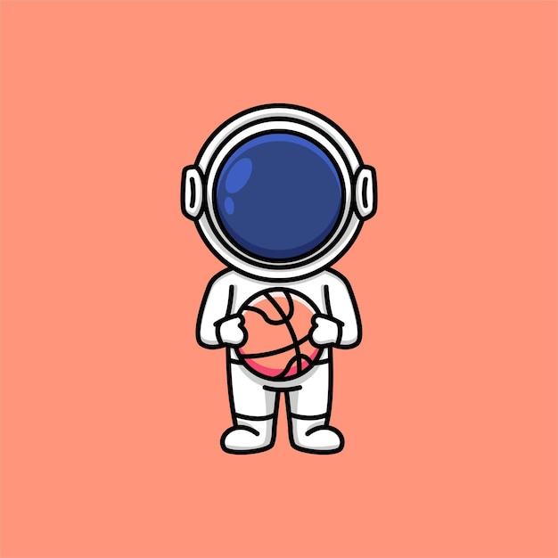 バスケットボールの漫画イラストを保持しているかわいい宇宙飛行士