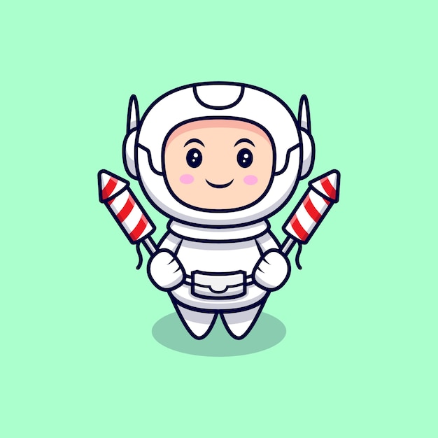 Cute astronaut holding fireworks cartoon illustration. flat cartoon style
