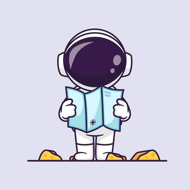 Cute astronaut holding map in moon cartoon vector icon illustration science technology icon isolated