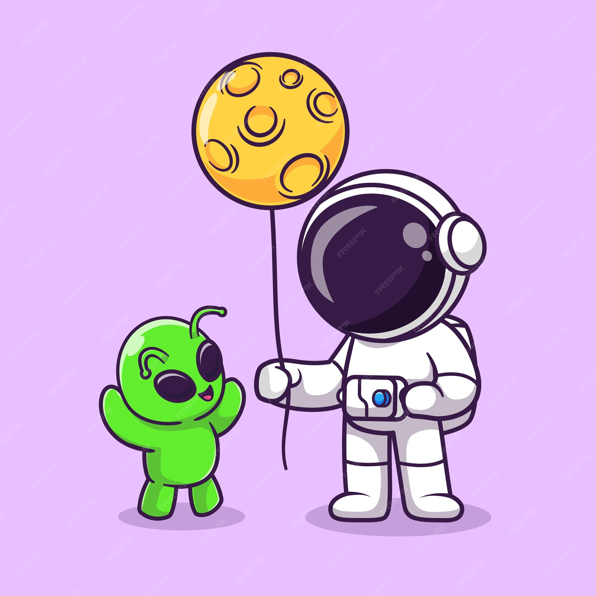 Premium Vector, Cute alien holding moon balloon cartoon illustration