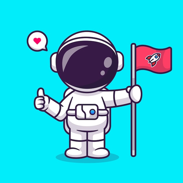 Cute astronaut holding rocket flag cartoon vector icon illustration. science technology isolated