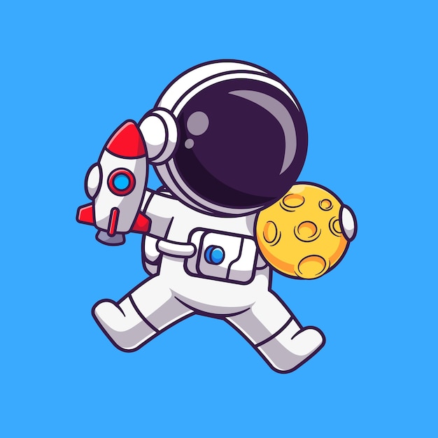 Cute astronaut holding rocket and moon in space cartoon vector icon illustration. science technology