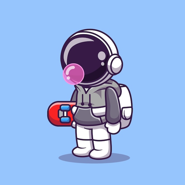 cute astronaut holding skateboard cartoon vector icon illustration. science sport icon 
