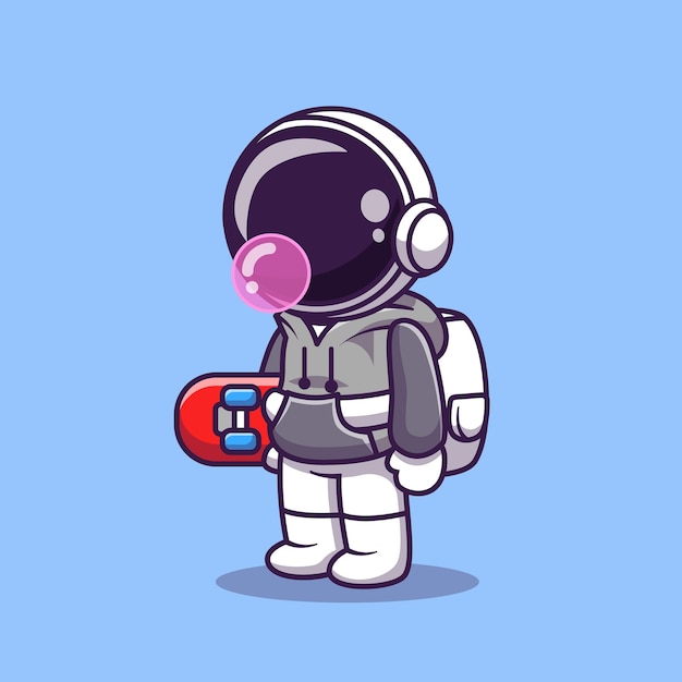 Cute astronaut holding skateboard cartoon vector icon illustration. science sport icon