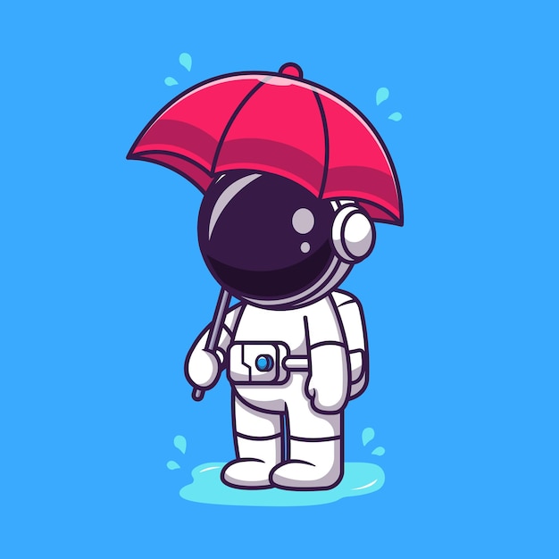 Vector cute astronaut holding umbrella in the rain cartoon illustration.