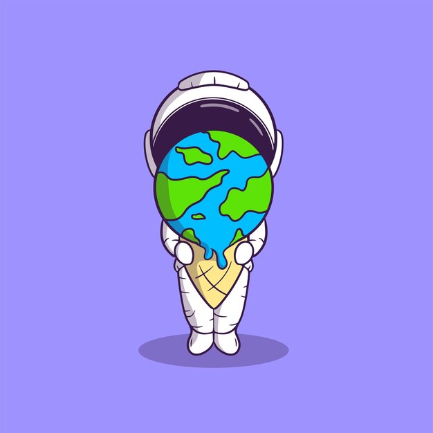 Cute astronaut illustration with big ice cream of the earth