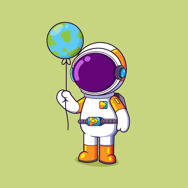 The cute astronaut is holding the big balloon with the earth maps