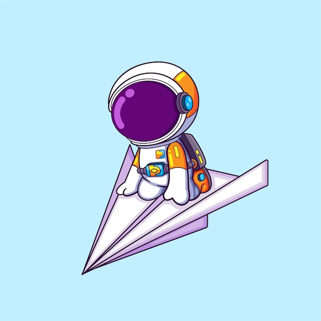 The cute astronaut is sitting and flying on the paper airplane