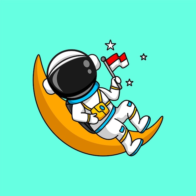 귀여운 우주 비행사가 깃발 그림을 들고 달에 앉아 있다
