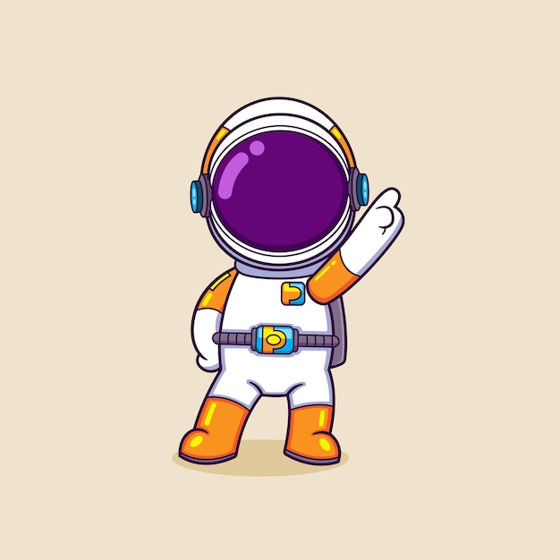 The cute astronaut is standing and having a funny pose with pointing up somewhere