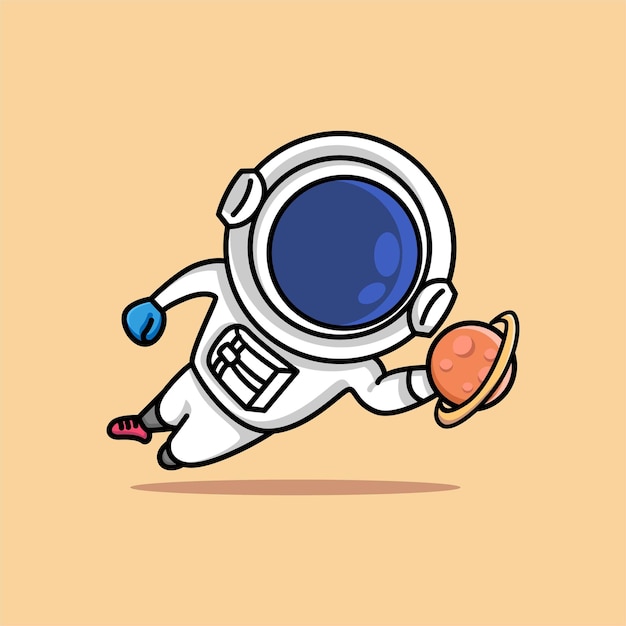 Cute astronaut jumping football goalkeeper catches the planet cartoon