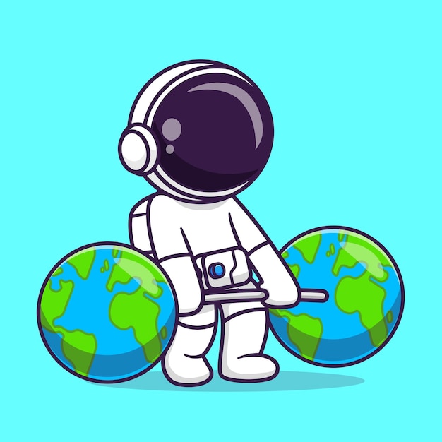 Cute astronaut lifting earth barbell cartoon vector icon illustration science sport icon isolated