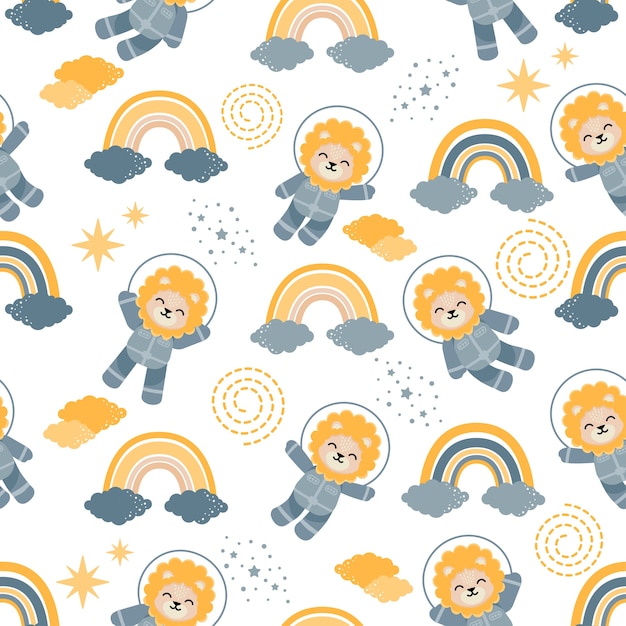 Cute astronaut lion animal cartoon seamless pattern