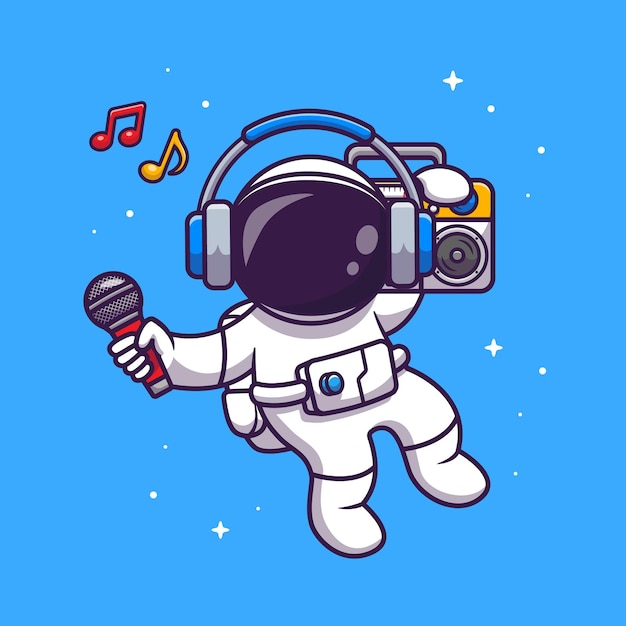 Astronauta carino che ascolta musica con l'illustrazione di boombox