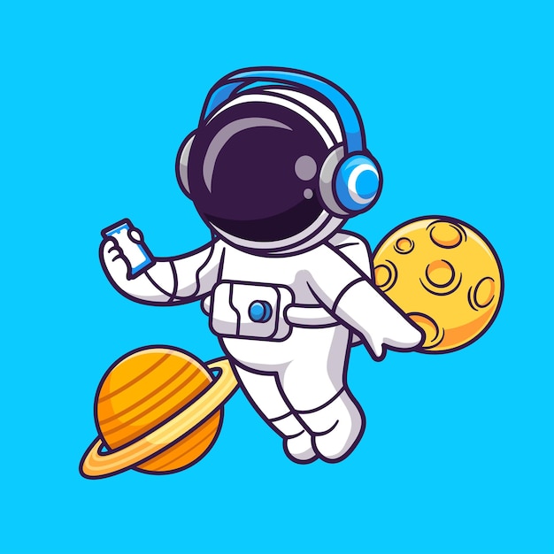 Cute Astronaut Listening Music with Headphone in Space Cartoon Vector Icon Illustration Science Tech