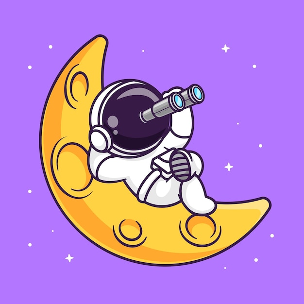 Vector cute astronaut looking star with binoculars cartoon vector icon illustration science technology icon