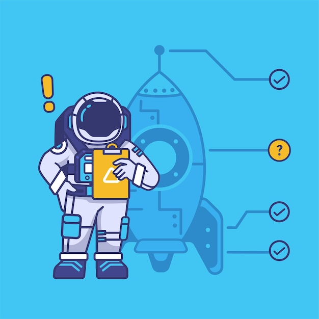 Cute astronaut mascot cartoon character. maintenance setting of rocketship illustration