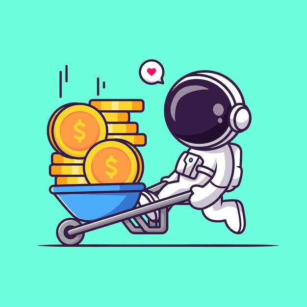 Vector cute astronaut mining gold coin cartoon vector icon illustration science finance icon isolated flat