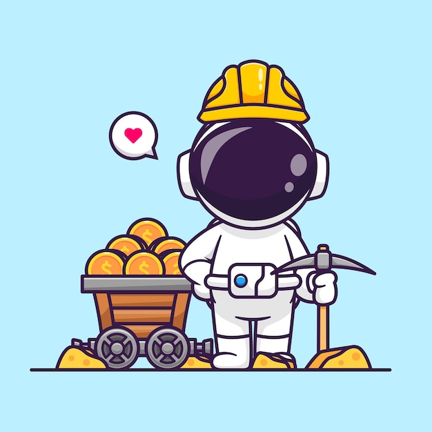 Cute astronaut mining gold coin cartoon vector icon illustration science finance icon isolated