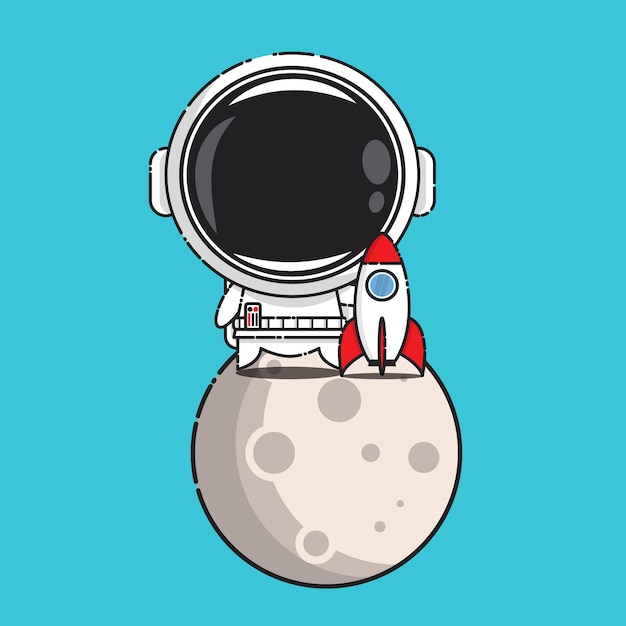 cute astronaut  in moon with rocket isolated on blue