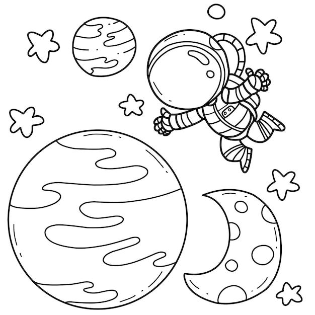 ベクトル 白で隔離スペース手描き塗り絵漫画のかわいい宇宙飛行士