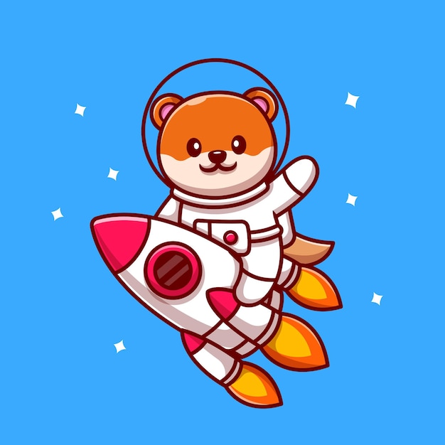 Cute astronaut otter riding rocket cartoon icon illustration.