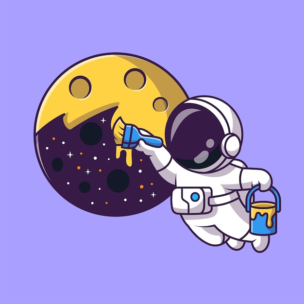 Cute astronaut painting moon in space cartoon vector icon illustration. science technology isolated