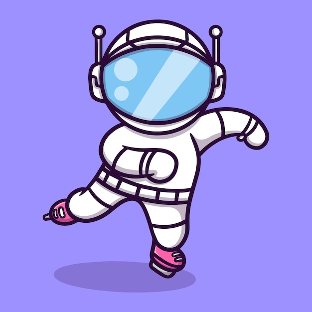 Cute astronaut play ice skating cartoon vector icon illustration