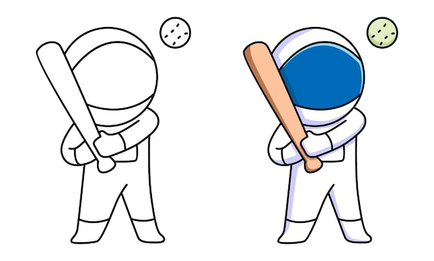 cute astronaut playing baseball coloring page for kids